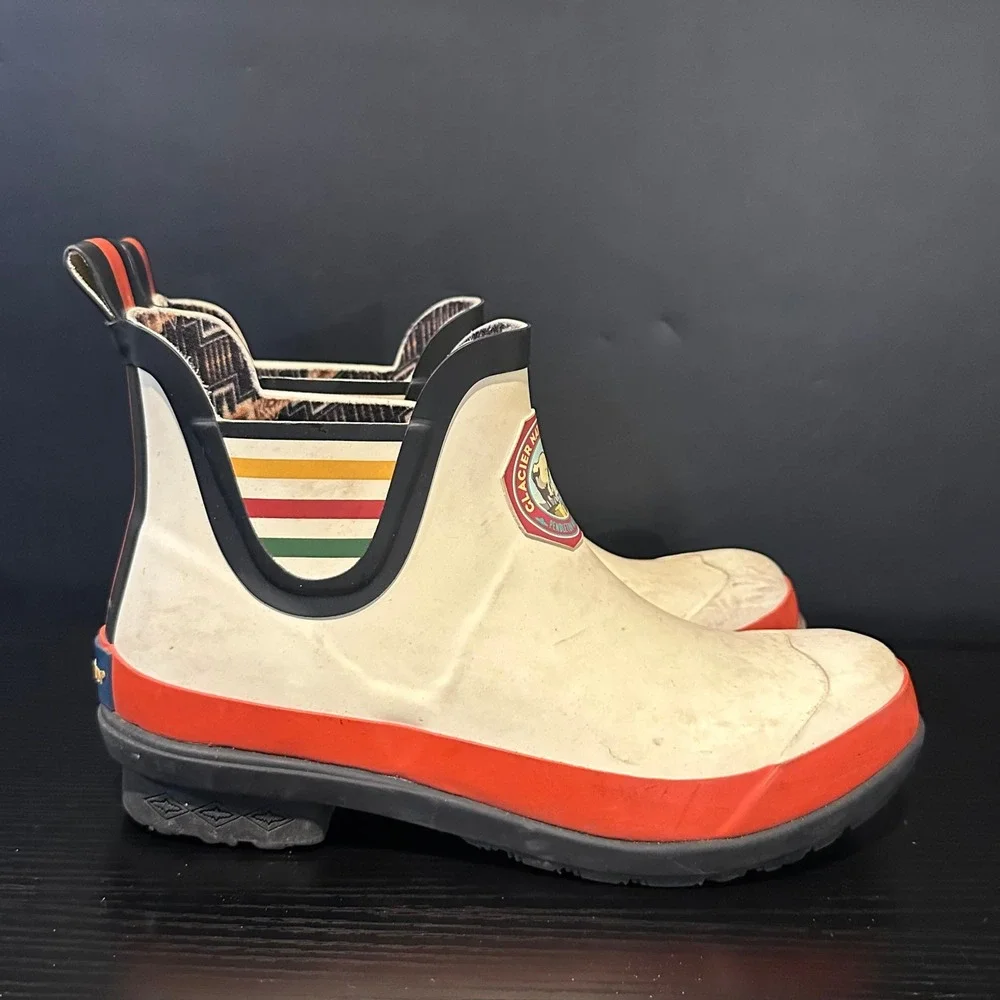 Pendleton Glacier National Park Rain Boots White Orange Stripe Chelsea Womens‎ 7